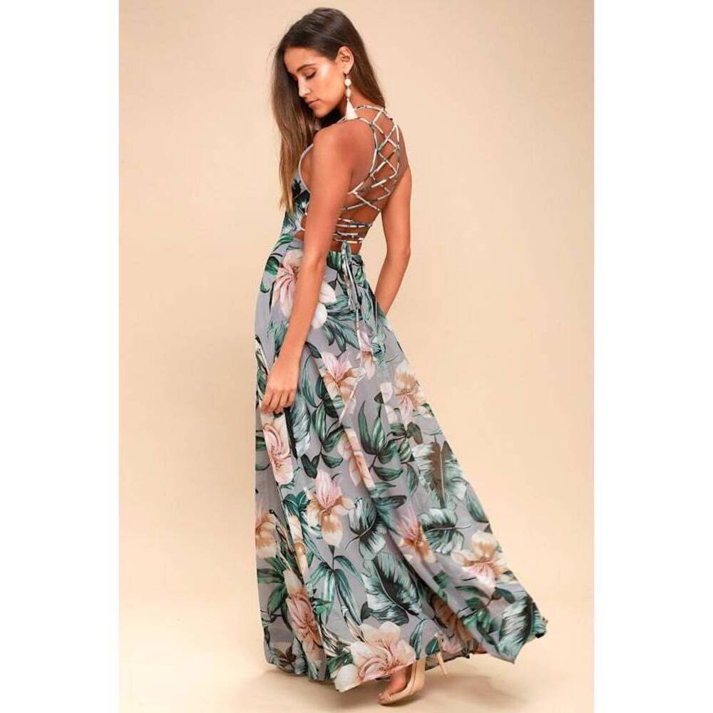 Lulus Love Abloom Grey Floral Print Lace-up Maxi Dress - Size M-NWT